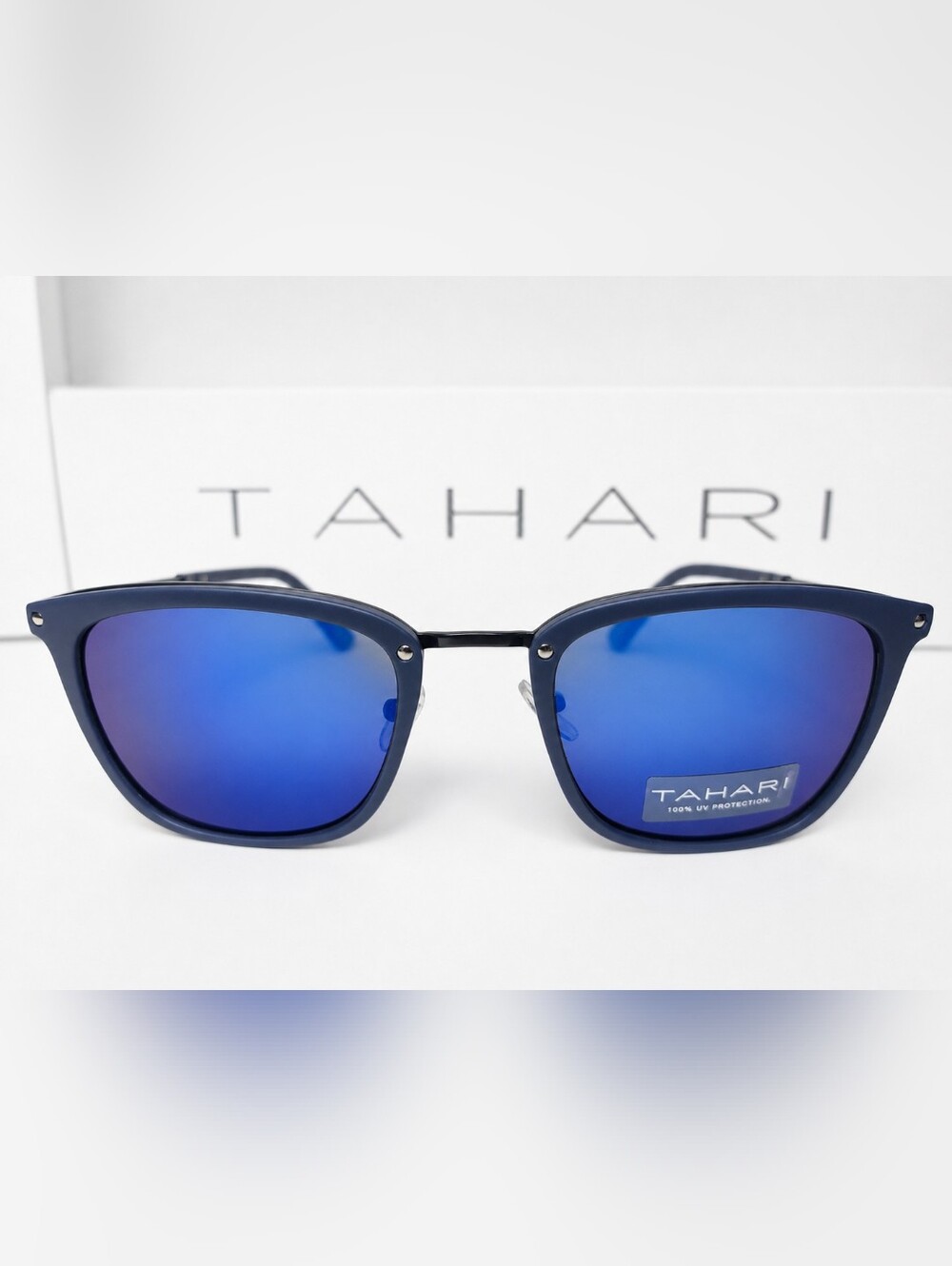Tahari Blue Mirror Browline Sunglasses Luxury Mixed Material NWT